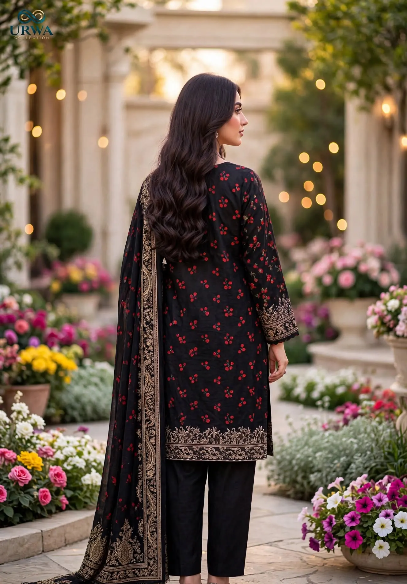 Urwa Collection 3Piece Linen Suit Embroidered Digital Printed Linen Suit for Women - Black Red Floral Rose Print with Gold Sequin Embroidered Neckline and Paisley Border Linen Dupatta