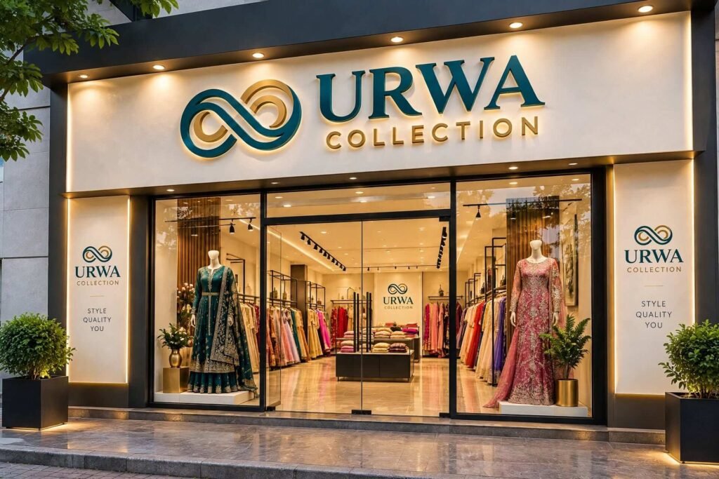 Luxury women's clothing store URWA COLLECTION showcasing fancy bridal dresses and Pakistani formal wear