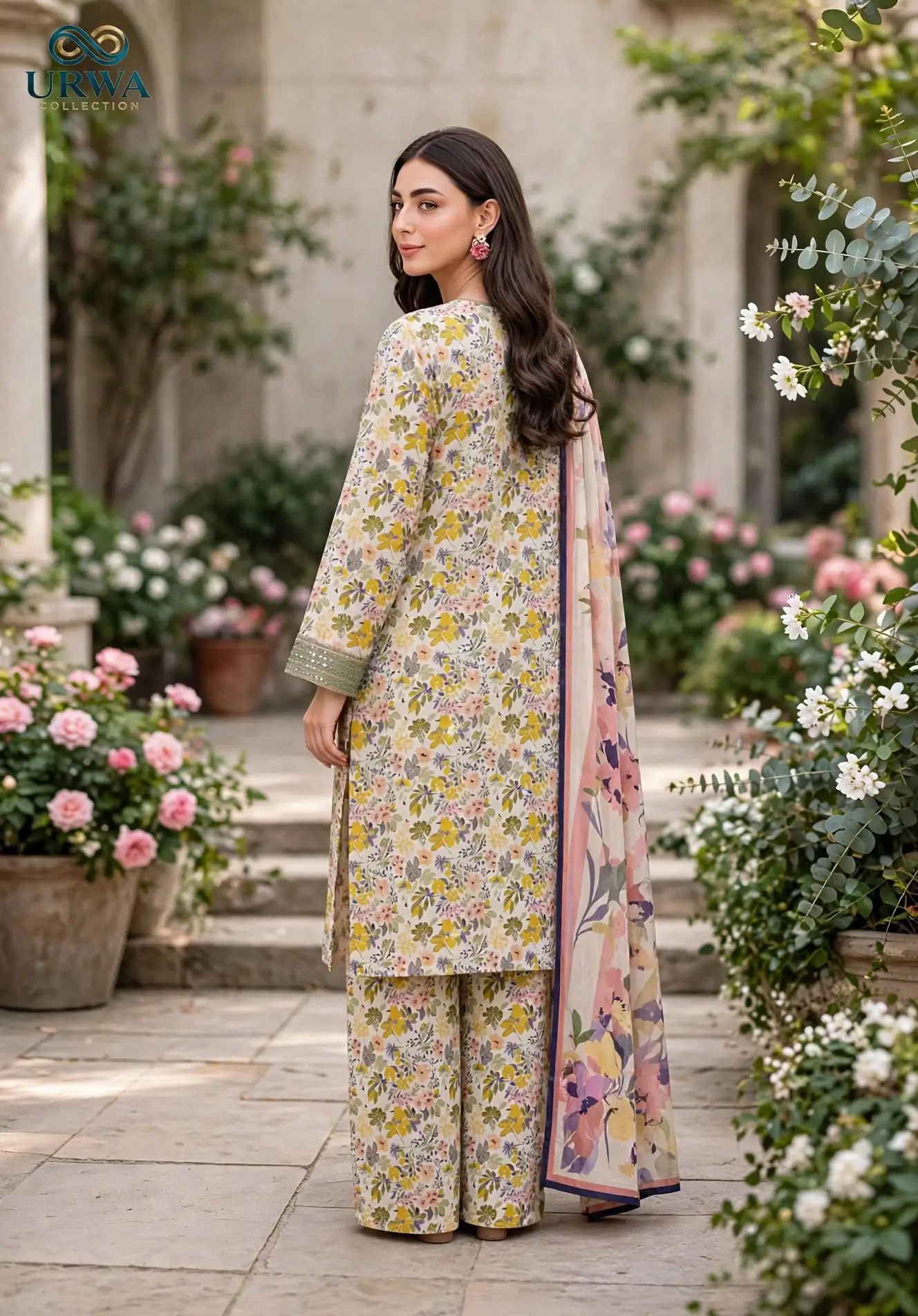 Urwa Collection 3Piece Linen Suit Embroidered Digital Printed Linen Suit for Women - Cream Yellow Multi Floral Print with Sequin Embroidered Neckline and Linen Dupatta