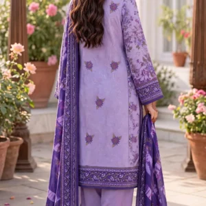 urwa-collection-women-linen-suit-light-purple-floral-embroidered-back-view-dupatta-garden Urwa Collection 3Piece Linen Suit 3PC Embroidered Digital Printed Linen Suit for Women - Lavender Purple Floral with Sequin Embroidered Neckline and Dark Purple Printed Linen Dupatta